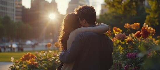 A young couple in love is walking along the city park, enjoying the springtime flowers and sunset.