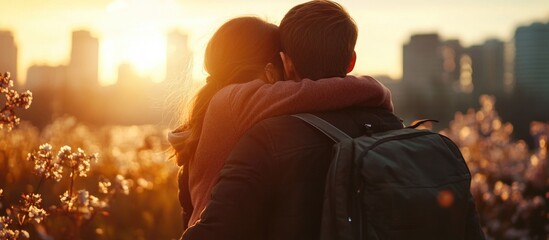 A young couple in love is walking along the city park, enjoying the springtime flowers and sunset.