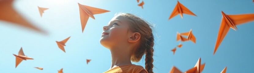 A young girl with braided hair looks up at the sky, surrounded by flying paper airplanes. The background is a clear blue, and bright sunlight highlights her joyful expression as she watches.