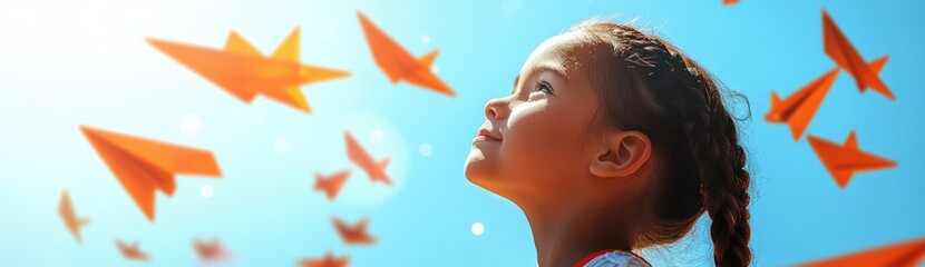 A young girl with braided hair looks up at the sky, surrounded by flying paper airplanes. The background is a clear blue, and bright sunlight highlights her joyful expression as she watches.
