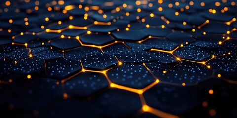 Abstract background with glowing hexagons, a dark color palette featuring blue and yellow hues, a modern design, high resolution, detailed texture,