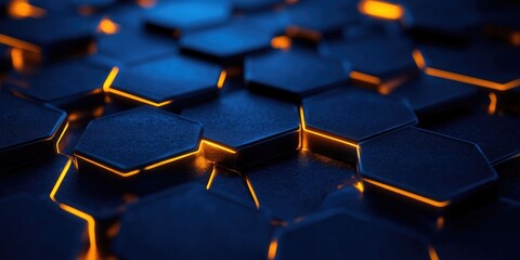 Abstract background with glowing hexagons, a dark color palette featuring blue and yellow hues, a modern design, high resolution, detailed texture,