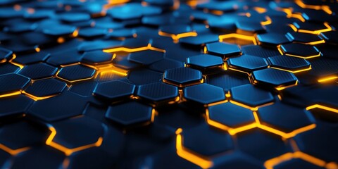 Abstract background with glowing hexagons, a dark color palette featuring blue and yellow hues, a modern design, high resolution, detailed texture,