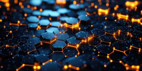 Abstract background with glowing hexagons, in a black and blue color scheme. The design features a pattern of illuminated dark orange and yellow cubes on the surface,