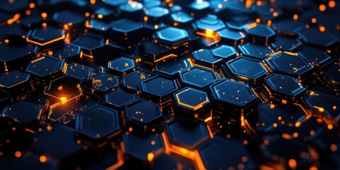 Abstract background with glowing hexagons, in a black and blue color scheme. The design features a pattern of illuminated dark orange and yellow cubes on the surface,