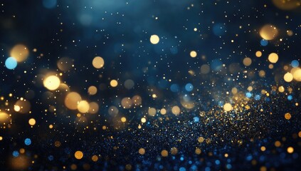 Abstract gold glitter particles on a blue background, with a bokeh effect, golden lights, and dots for a luxury design banner with a copy space area.