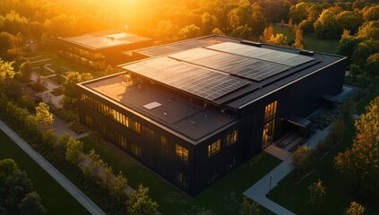 Aerial view of a modern black-roofed building with skylights and solar panels at sunset, showcasing energy efficiency in commercial architecture.
