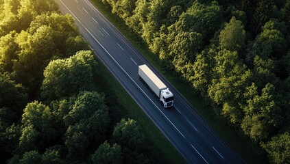 Aerial view of a white truck driving on a highway road in a green forest or nature park. Concept for business, transport, and harmony with the environment.