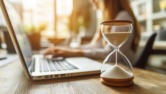 Time management concept with hourglass and laptop for efficient work - Powered by Adobe