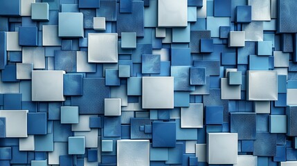 A blue and white abstract artwork features textured square tiles