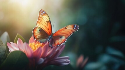 A vibrant butterfly sitting gracefully on a colorful flower, with soft-focus greenery creating a dreamy, natural atmosphere