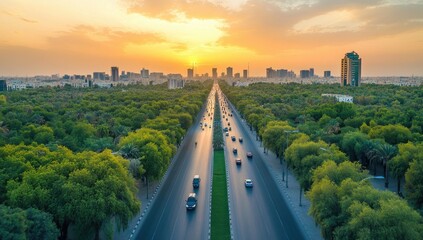 An aerial view of one of the most famous roads in Saudi Arabia, showcasing its lush greenery and traffic flow during sunset. The road is flanked by trees on both sides,