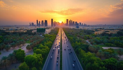 An aerial view of one of the most famous roads in Saudi Arabia, showcasing its lush greenery and traffic flow during sunset. The road is flanked by trees on both sides,