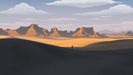 Fototapeta premium Solitary Figure in a Vast Desert Landscape with Dramatic Rock Formations at Sunset