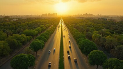 An aerial view of one of the most famous roads in Saudi Arabia, showcasing its lush greenery and traffic flow during sunset. The road is flanked by trees on both sides,