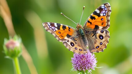 Obraz premium A vibrant butterfly with intricate wing details sitting on a flower, the soft-focus green background adding a peaceful vibe