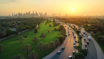 An aerial view of the large park. The photo shows an open field with grass and trees on one side,