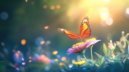 A bright butterfly on a colorful flower, with soft-focus greenery in the background creating a calming and vibrant nature scene