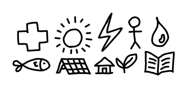 Hand Drawn Doodle Icons of Basic Human Needs and Sustainability