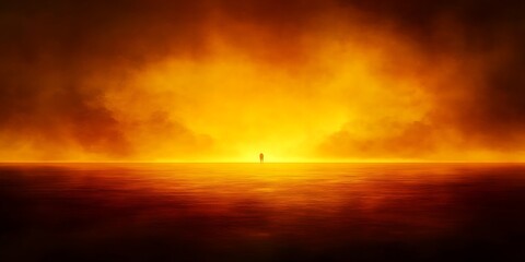 Lone figure stands on horizon under a vibrant orange clouded sky