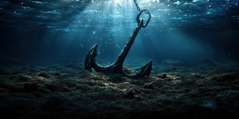 Dynamic underwater scene of an anchor ocean floor photography mysterious environment low angle view tension and tranquility