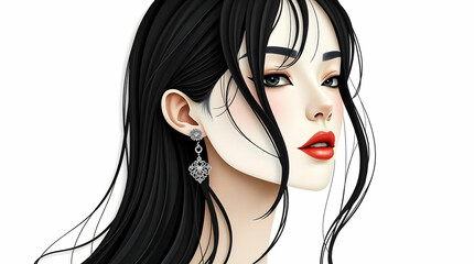 Naklejka premium Digital portrait of a woman with long, dark hair, red lips, and earrings against a white background, in a stylized, illustrative style.