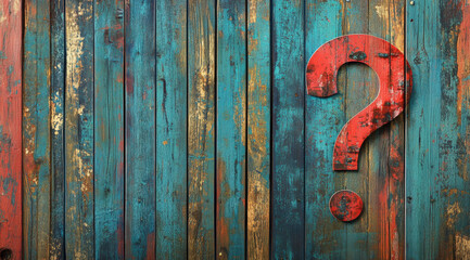 A colorful wooden background features a large, red question mark, inviting curiosity and thought.