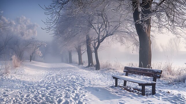 Tranquil winter landscape snow covered tree bench and frosty footpath