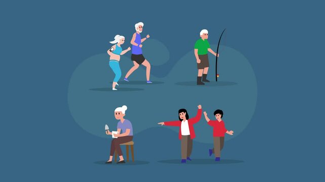 Active Seniors and Family Engaged in Hobbies and Outdoor Activities cartoon animation