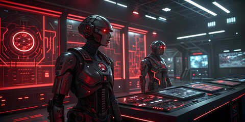 Fototapeta premium cyberpunk control room illuminated with red and black neon lights. Two advanced humanoid AI robots stand at a high-tech console