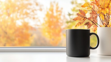 Cozy autumn vibes minimalist black coffee mug by window with fall leaves indoor still life peaceful nature-inspired concept