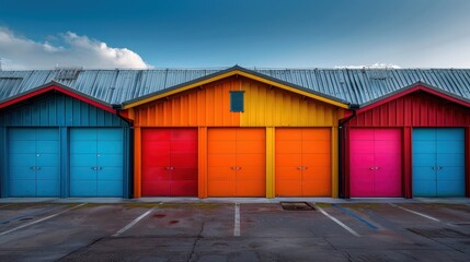Fototapeta premium Colorful storage units row, sunny day, parking lot, clouds visible