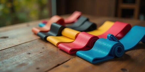 Compact resistance bands & weights on wooden table, resistance, exercise, muscle
