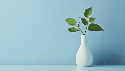 Simple vase with leaves on light blue wall