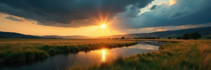 Fototapeta premium Sun-drenched paddock, dark storm clouds approaching, reflecting in still dam water, sunlight, countryside, vibrant