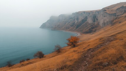 Obraz premium Misty Autumn Lake and Coastal Cliffs