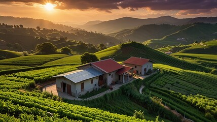 Landscape photograph capturing a lush agricultural scene at sunset.