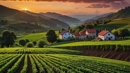 Naklejka premium Landscape photograph capturing a lush agricultural scene at sunset.