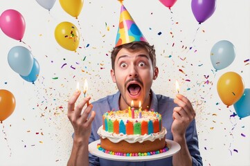 Amazed man with birthday cake and balloons.