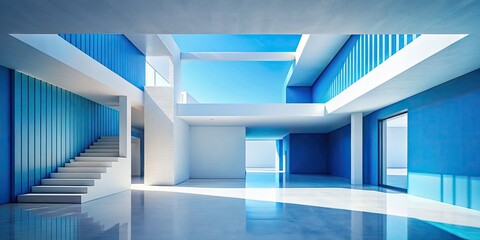 Obraz premium Abstract Blue White Minimal Architecture Background, Interior Fragment - Modern Design Elements, Clean Lines, Geometric Shapes, Tranquil Atmosphere, Contemporary Aesthetic, Architectural Features