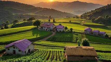 Landscape photograph capturing a lush agricultural scene at sunset.