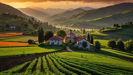 Landscape photograph capturing a lush agricultural scene at sunset.