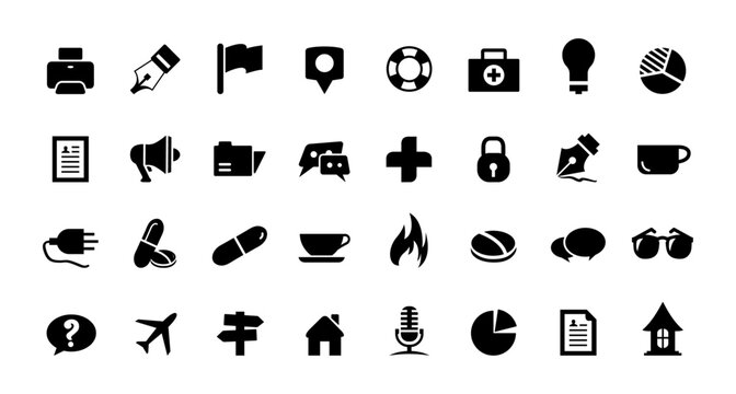 Big Icon Set. Coffee, Marketing, Doctor, Health, Drags, File, CV, Printer, Projector, Writer, Airplane, Fire, Microphone, Sunglasses, Massage, Pie Icons Vector Illustration