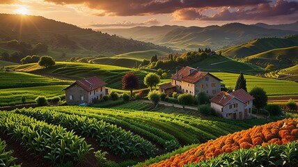 Landscape photograph capturing a lush agricultural scene at sunset.