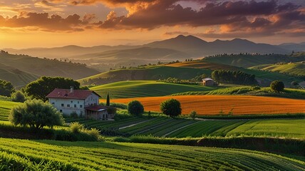 Landscape photograph capturing a lush agricultural scene at sunset.
