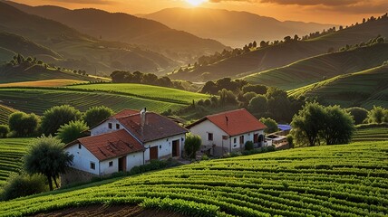 Landscape photograph capturing a lush agricultural scene at sunset.