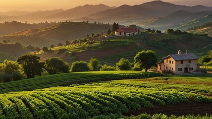 Fototapeta premium Landscape photograph capturing a lush agricultural scene at sunset.
