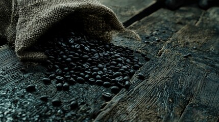 A burlap sack spills dark coffee beans onto a rustic wooden surface, creating a rich and inviting coffee scene.