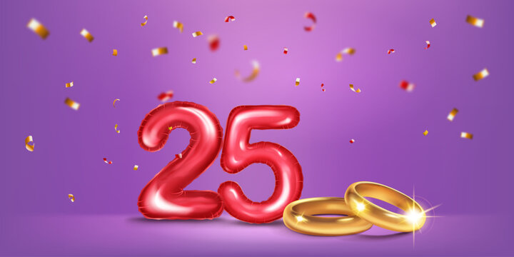 A red number 25 in the form of a balloons with two gold wedding rings, symbolizing the celebration of the  twenty-fifth wedding anniversary, surrounded by colorful confetti, on warm purple background.
