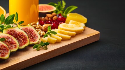 A well-arranged cutting board featuring an assortment of fresh fruits and nuts for a wholesome snack option